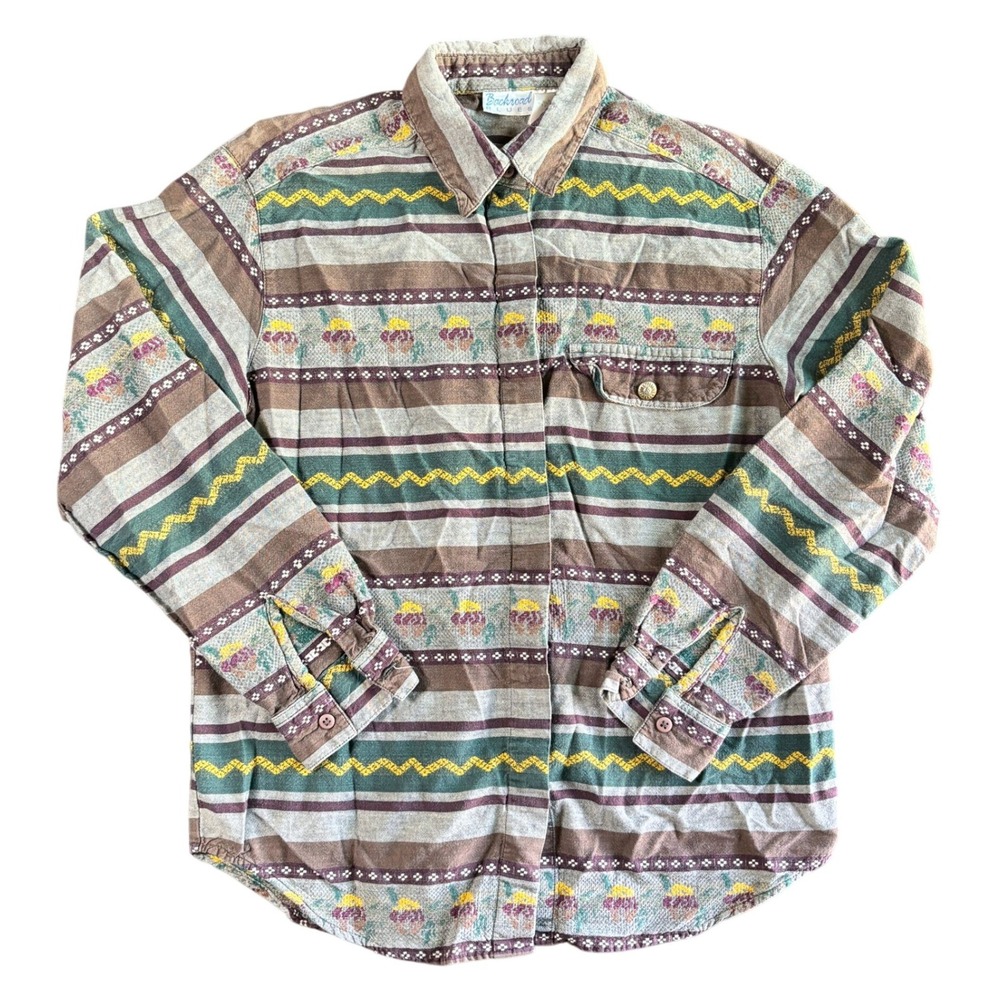 Backroad Blues‎ Mens Medium Southwestern Stripe Cotton Button Up Shirt Brown Grn